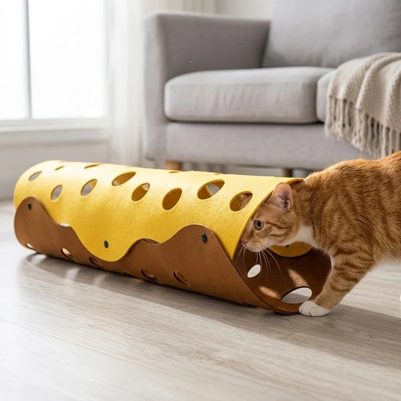 Felt Cat Tunnel Toy – Collapsible Interactive Play Tunnel with Cutout Holes for Cats, Soft Hideaway&Exploration Fun, Easy Clean