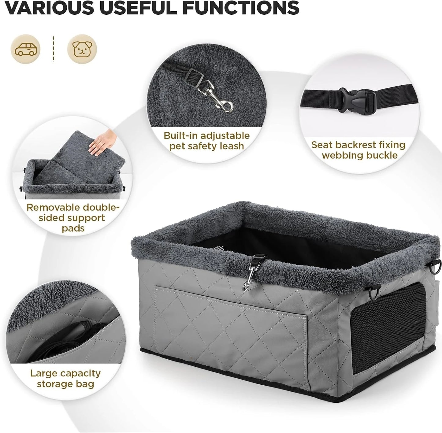 Upgrade Dog Booster Seat for Small Dogs Waterproof Leather Pet Car Seat with Metal Frame Portable Travel Carrier Bag
