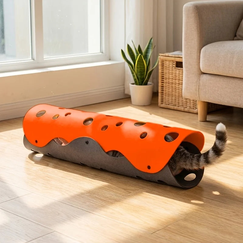 Felt Cat Tunnel Toy – Collapsible Interactive Play Tunnel with Cutout Holes for Cats, Soft Hideaway&Exploration Fun, Easy Clean