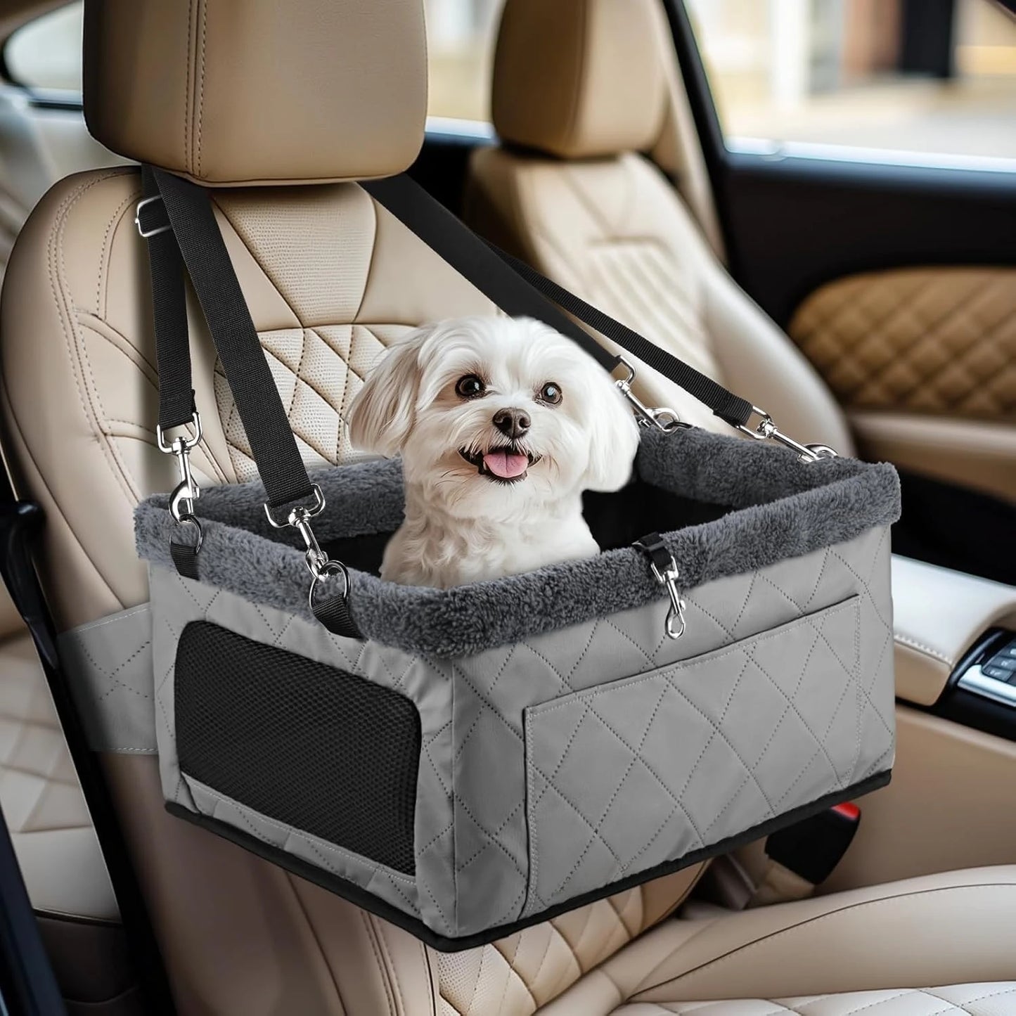 Upgrade Dog Booster Seat for Small Dogs Waterproof Leather Pet Car Seat with Metal Frame Portable Travel Carrier Bag
